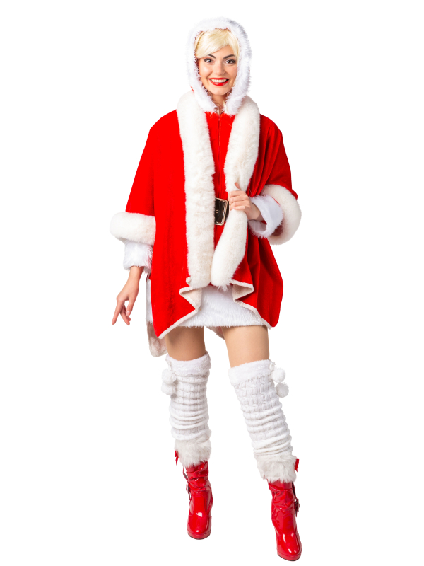 Cape Mère Noël Femme – Poncho Velours Rouge & Fourrure Blanche