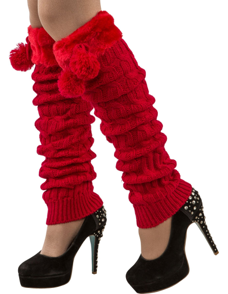 Guêtres Tricot Rouge – Fourrure & Pompons Spécial Mère Noël