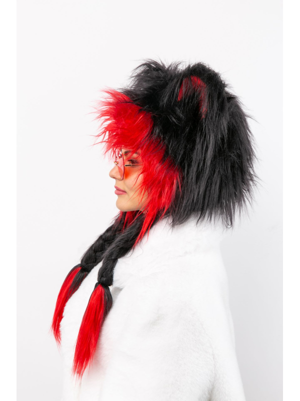 Chapeaux Peluche Fausse Fourrure Oreilles & Tresses (rouge et noir) profil