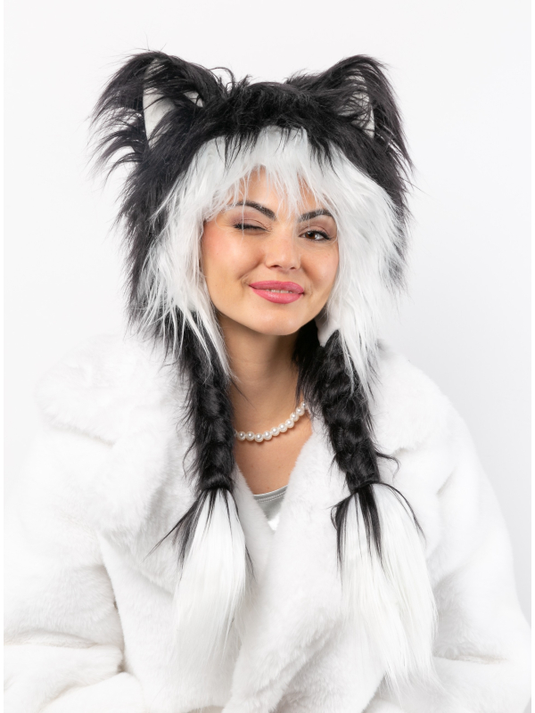 Chapeaux Peluche Fausse Fourrure Oreilles & Tresses (blanc et noir)