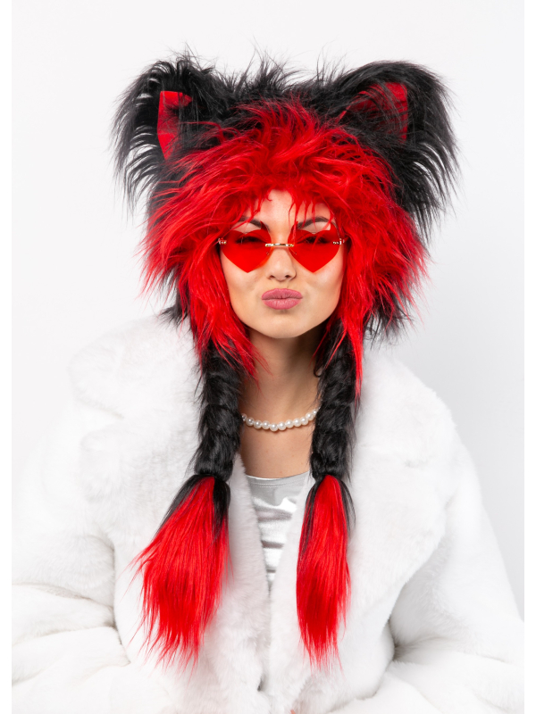 Chapeaux Peluche Fausse Fourrure Oreilles & Tresses (rouge et noir)