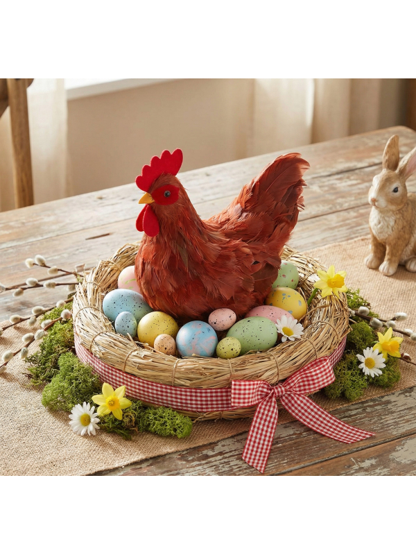 Poule Rousse Décorative en Plumes – Déco Pâques 33 cm