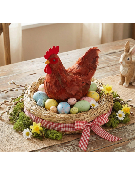 Poule Rousse Décorative en Plumes – Déco Pâques 33 cm