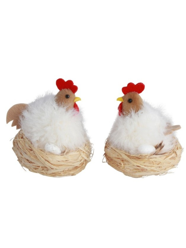 Poule Blanche dans son Nid – Décoration de Pâques 7 × 8 cm (Lot de 2 Assorties)