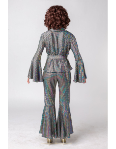 Ensemble Disco Argenté Femme – Pantalon Évasé & Top Ceinturé Holographique 2