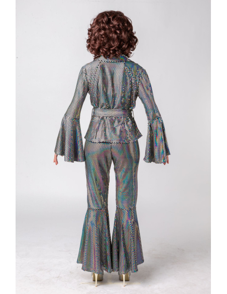 Ensemble Disco Argenté Femme – Pantalon Évasé & Top Ceinturé Holographique