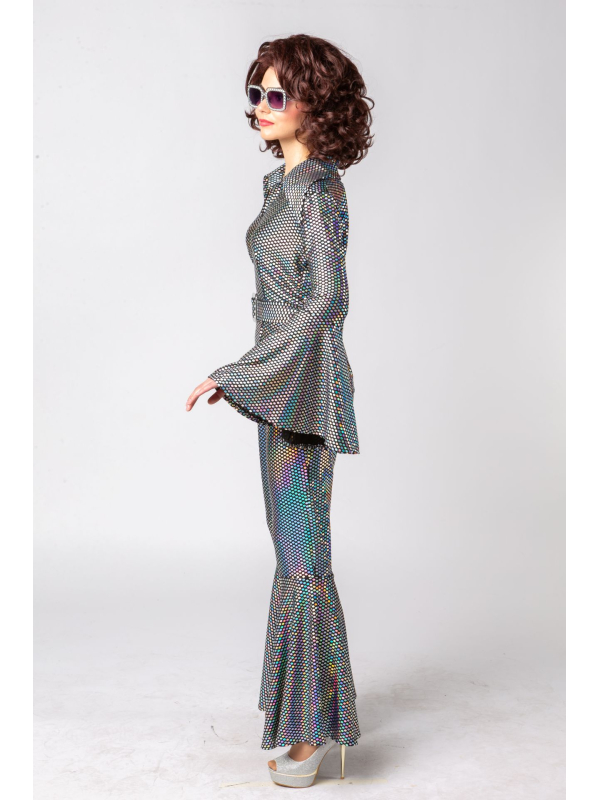 Ensemble Disco Argenté Femme – Pantalon Évasé & Top Ceinturé Holographique