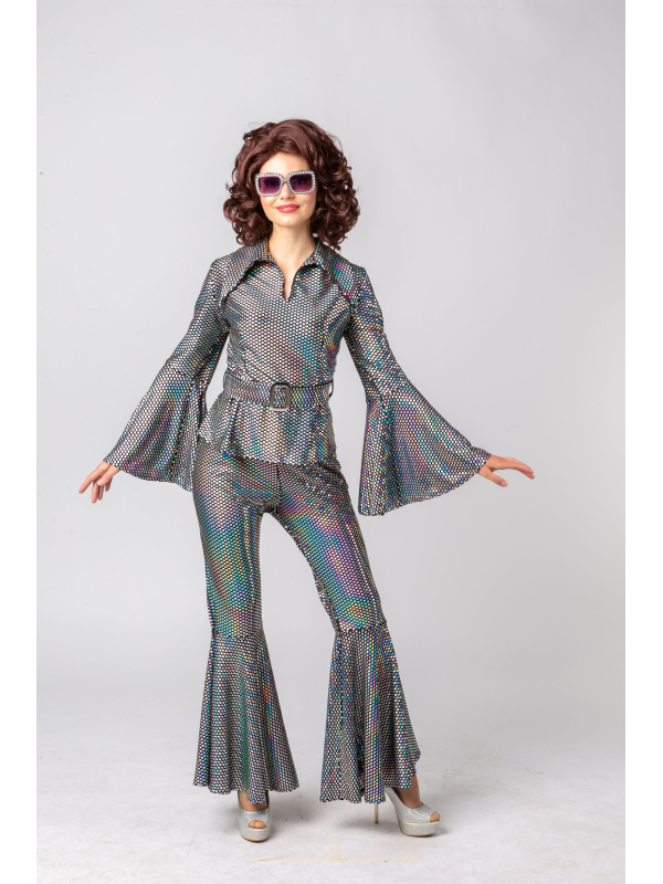 Ensemble Disco Argenté Femme – Pantalon Évasé & Top Ceinturé Holographique