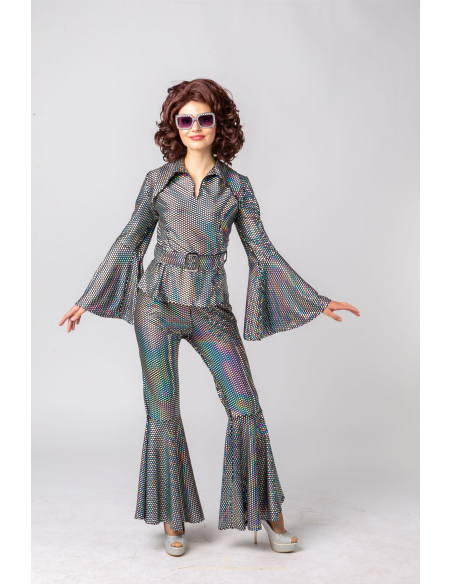 Ensemble Disco Argenté Femme – Pantalon Évasé & Top Ceinturé Holographique