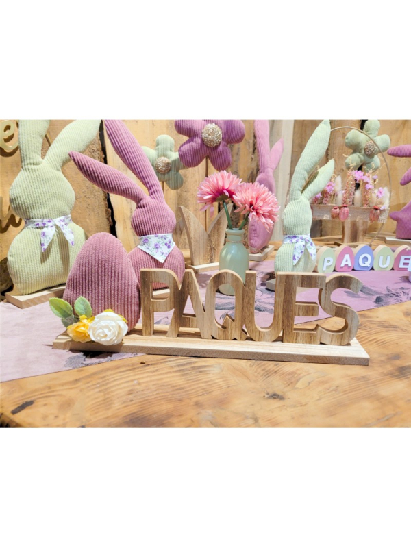 Centre de table Pâques en bois – Œuf velours pastel (Vieux rose) – Décoration élégante 30 cm