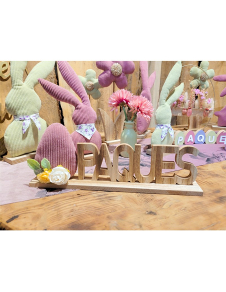 Centre de table Pâques en bois – Œuf velours pastel (Vieux rose) – Décoration élégante 30 cm