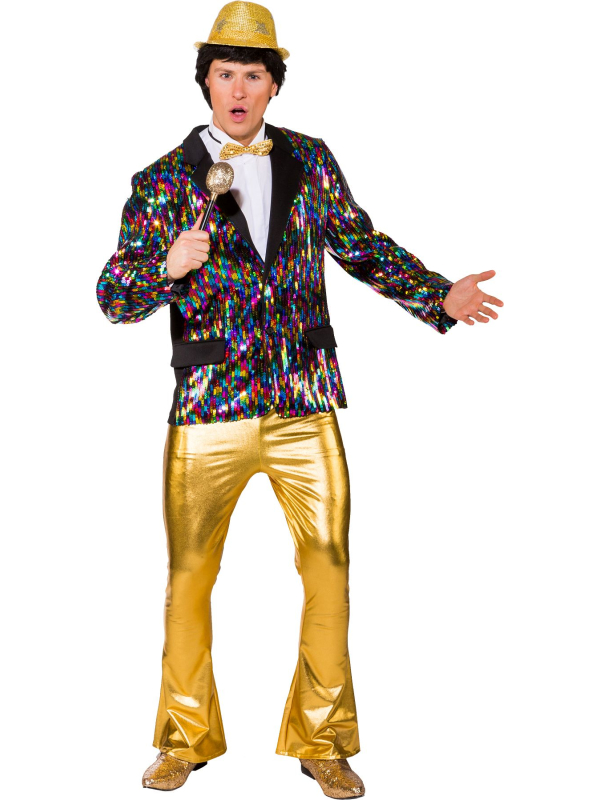 Pantalon évasé doré homme – Look disco strass & paillettes