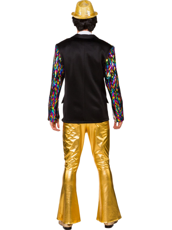 Pantalon évasé doré homme – Look disco strass & paillettes