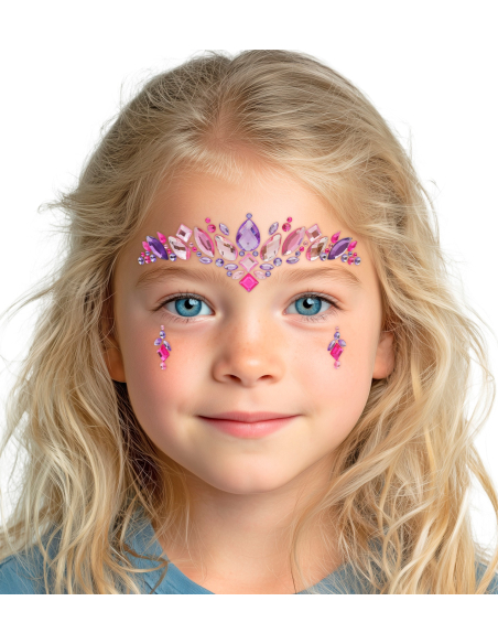 Bijoux de visage princesse enfant – Strass autocollants rose et viole