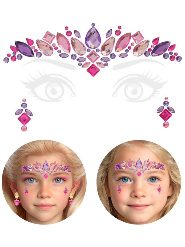Bijoux de visage princesse enfant – Strass autocollants rose et viole
