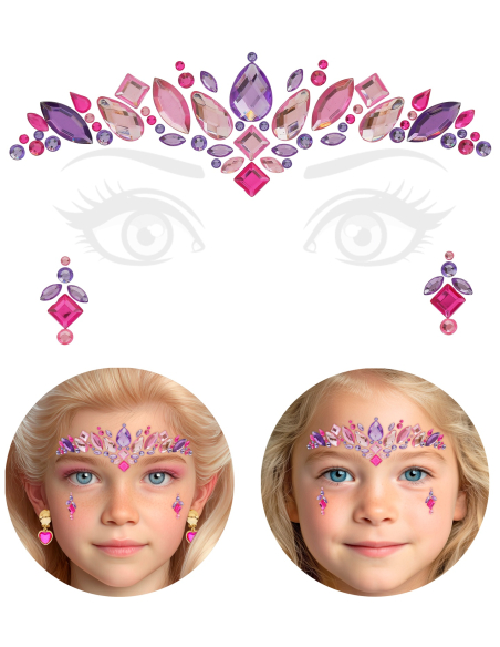 Bijoux de visage princesse enfant – Strass autocollants rose et viole