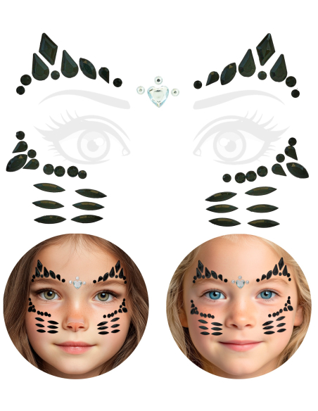 Bijoux de visage chat mignon enfant – Strass noirs autocollants