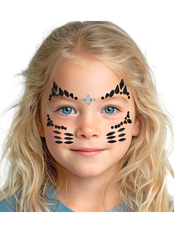 Bijoux de visage chat mignon enfant – Strass noirs autocollants