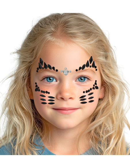 Bijoux de visage chat mignon enfant – Strass noirs autocollants