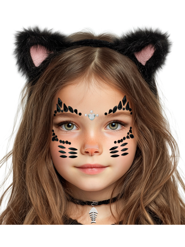 Bijoux de visage chat mignon enfant – Strass noirs autocollants