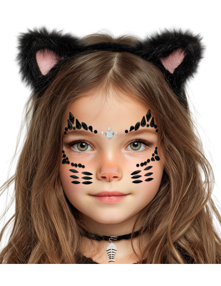Bijoux de visage chat mignon enfant – Strass noirs autocollants
