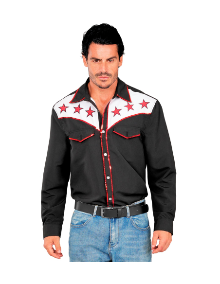 Chemise cow-boy western homme – Chemise rodéo noire à étoiles rouges S à XXL