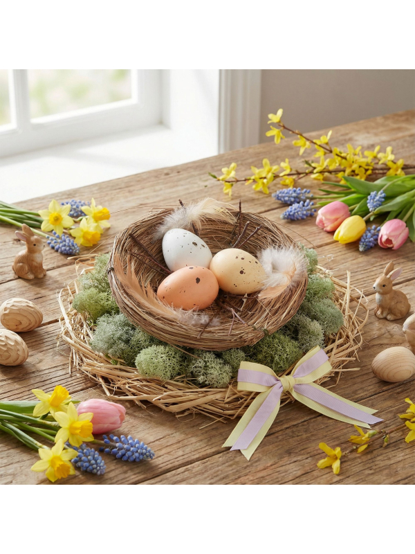 Panier décoratif avec œufs & branches – Esprit naturel Pâques