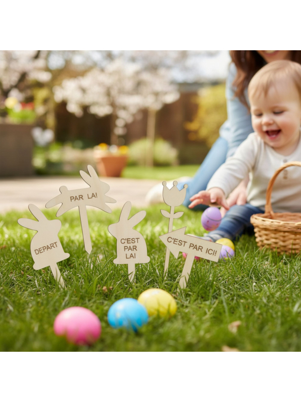 Kit jeu de piste Pâques en bois – 8 panneaux pour chasse aux œufs enfants