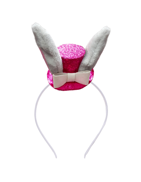 Serre-tête lapin rose avec mini chapeau – Accessoire festif adulte