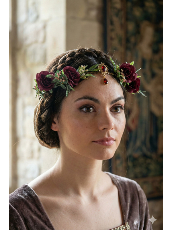 Coiffe médiévale florale bordeaux & doré – Couronne élégante pour costume médiéval