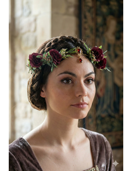 Coiffe médiévale florale bordeaux & doré – Couronne élégante pour costume médiéval
