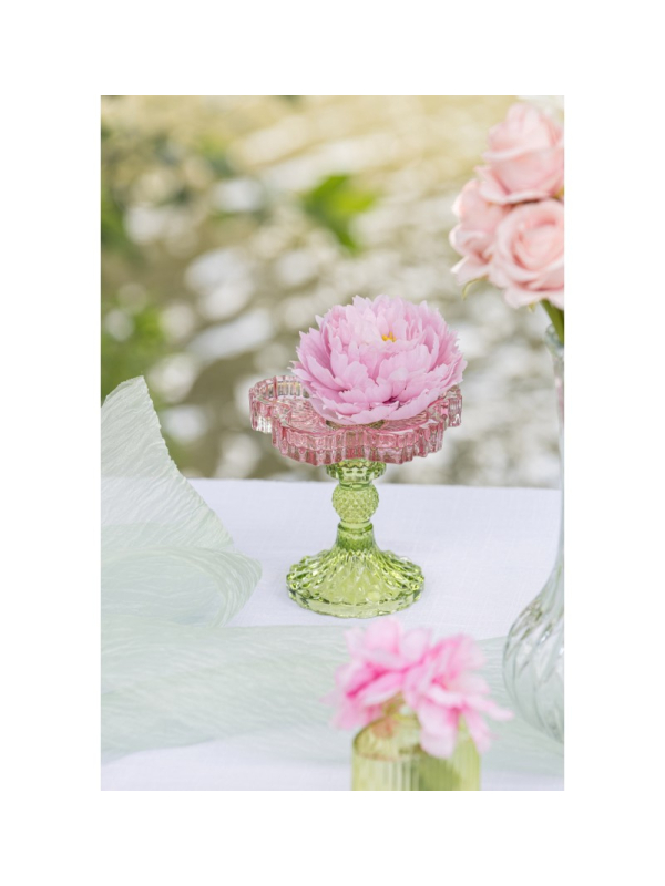 Bougeoir sur pied en verre rose et vert Ø12 cm – Décoration de table Pâques