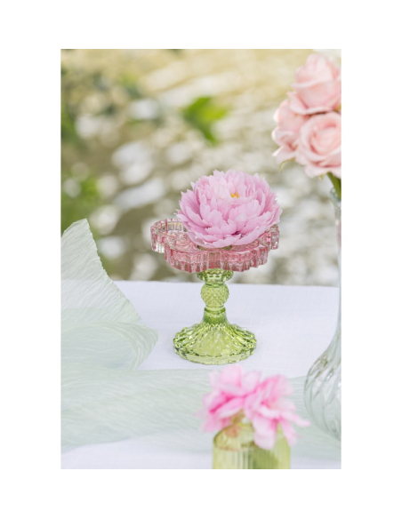 Bougeoir sur pied en verre rose et vert Ø12 cm – Décoration de table Pâques