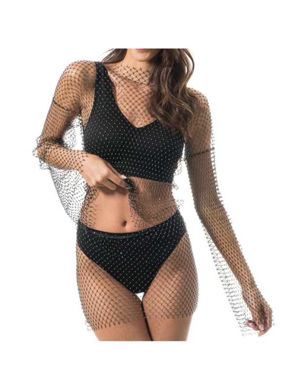 Top festival noir femme en maille résille & strass – Summer Festival