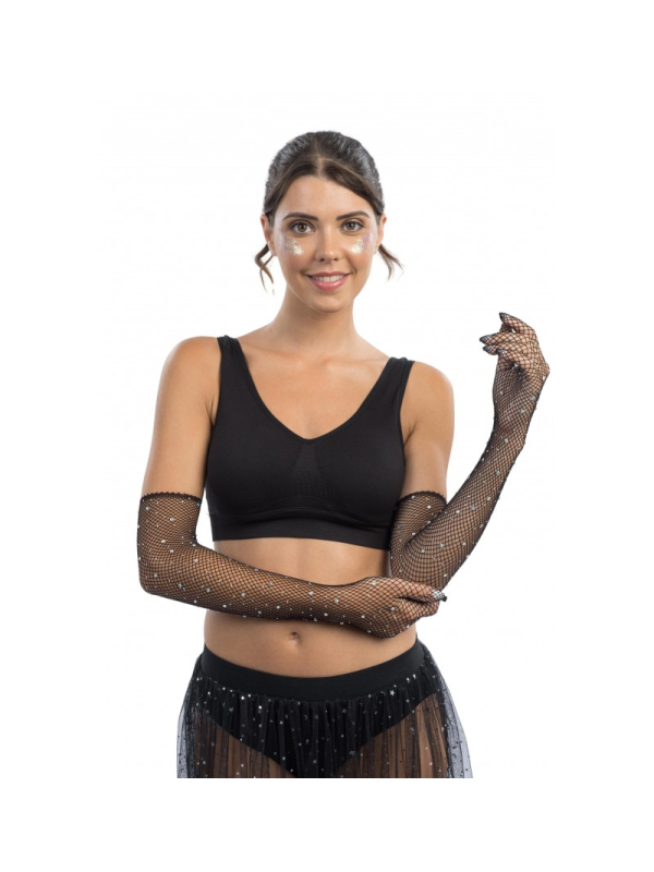Gants filet noirs avec strass femme – Festival & scène (45 cm)