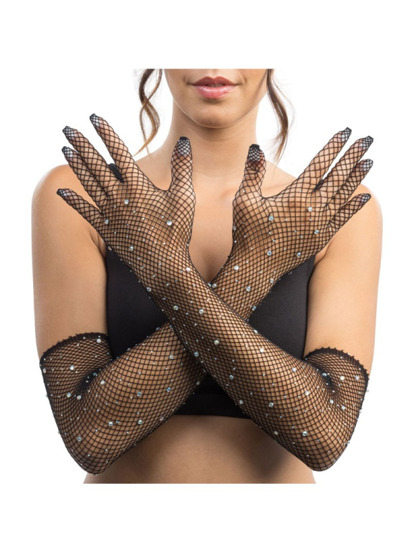 Gants filet noirs avec strass femme – Festival & scène (45 cm)