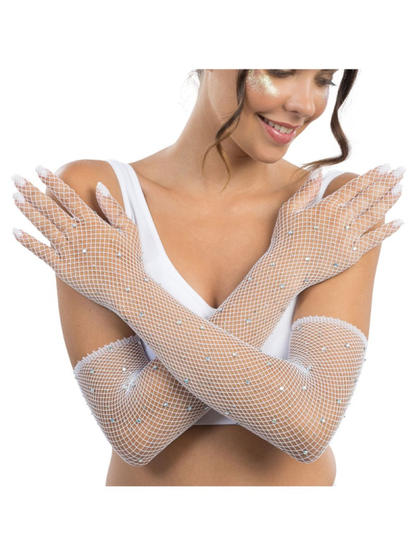 Gants filet blancs avec strass femme – Festival & scène (45 cm)