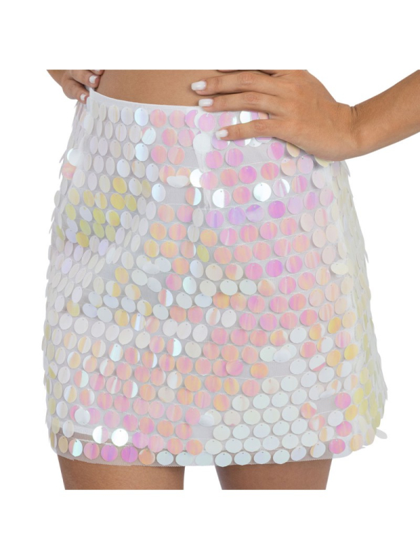 Jupe blanche à sequins irisés femme – Coupe droite scintillante