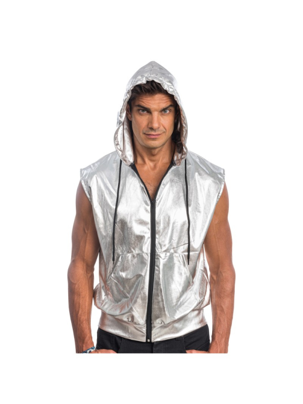 Veste argent sans manches à capuche pour homme – Style festival et électro