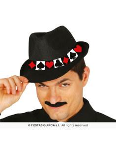Chapeau gangster noir à motif cartes – Taille unique adulte