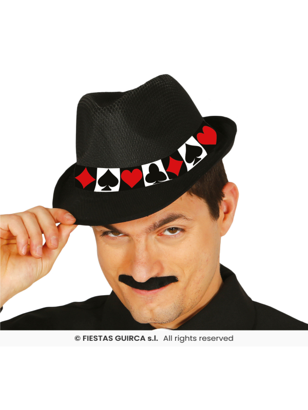 Chapeau gangster noir à motif cartes – Taille unique adulte