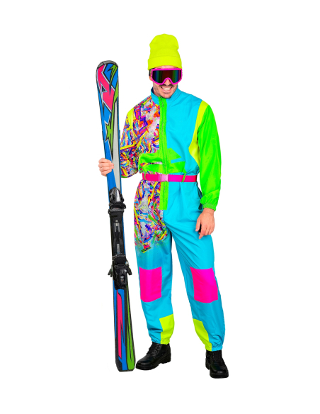 Combinaison de ski rétro années 80 bleu-vert fluo adulte – Soirée après-ski & déguisement vintage