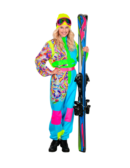 Combinaison de ski rétro années 80 bleu-vert fluo adulte – Soirée après-ski & déguisement vintage