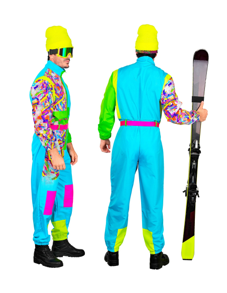Combinaison de ski rétro années 80 bleu-vert fluo adulte – Soirée après-ski & déguisement vintage