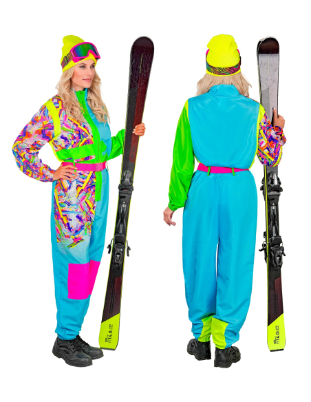 Combinaison de ski rétro années 80 bleu-vert fluo adulte – Soirée après-ski & déguisement vintage