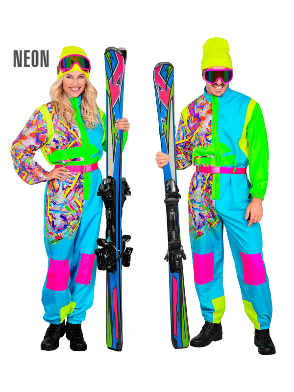 Combinaison de ski rétro années 80 bleu-vert fluo adulte – Soirée après-ski & déguisement vintage