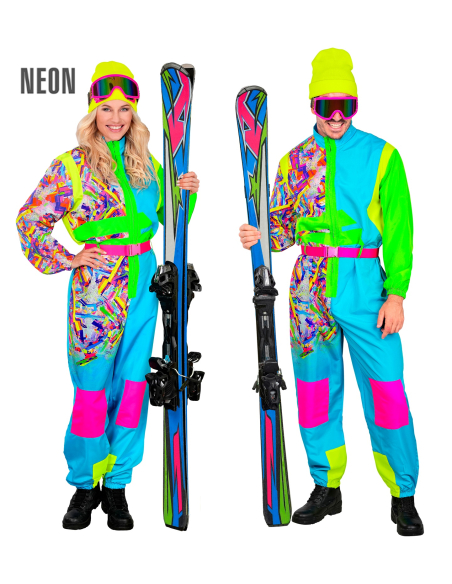 Combinaison de ski rétro années 80 bleu-vert fluo adulte – Soirée après-ski & déguisement vintage