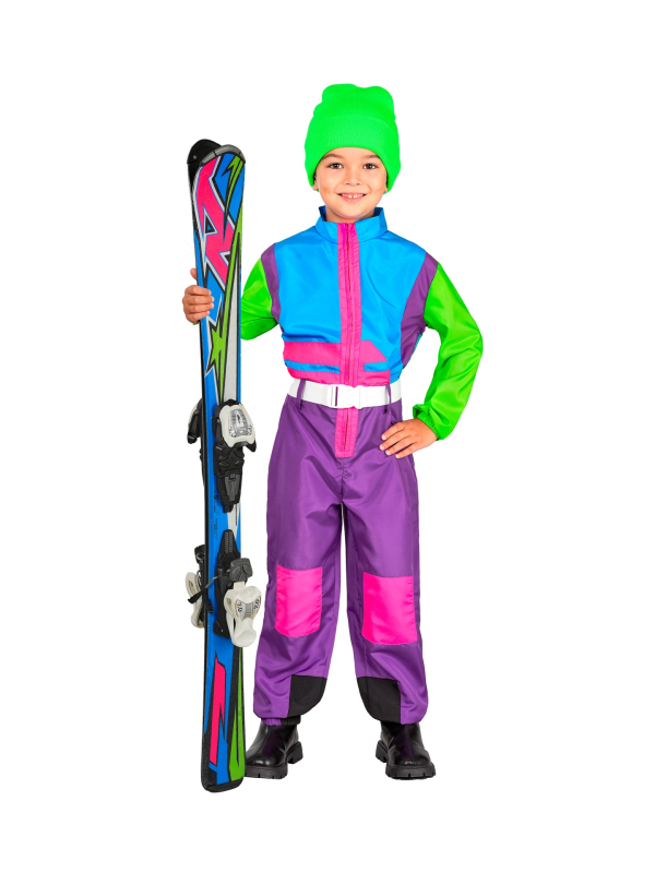 Combinaison de ski enfant rétro années 80 violet-bleu-vert fluo – Déguisement après-ski & carnaval
