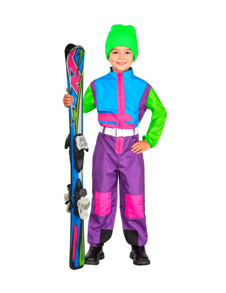 Combinaison de ski enfant rétro années 80 violet-bleu-vert fluo – Déguisement après-ski & carnaval