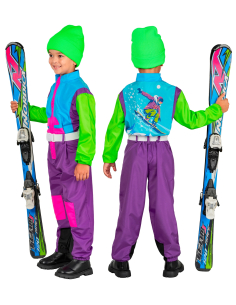 Combinaison de ski enfant rétro années 80 violet-bleu-vert fluo – Déguisement après-ski & carnaval 2